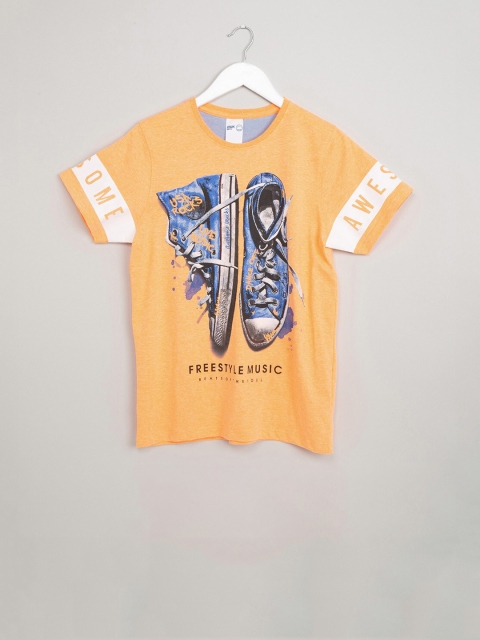 

max Boys Orange & Blue Printed Round Neck T-shirt