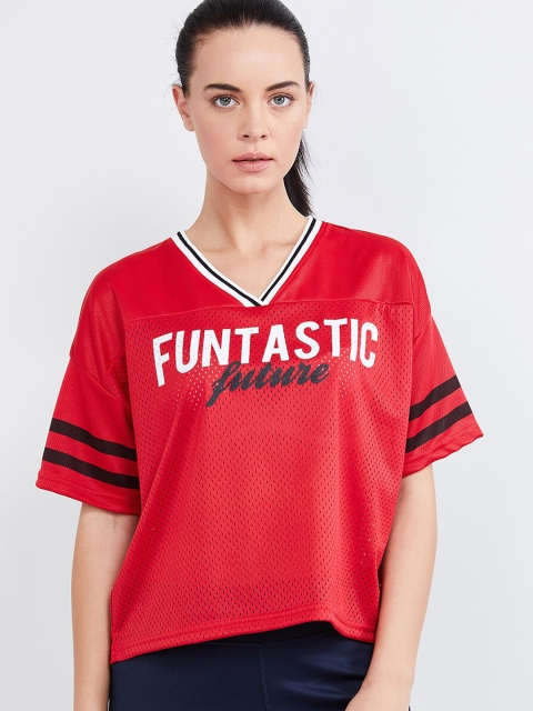 

max Women Red Printed V-Neck T-shirt