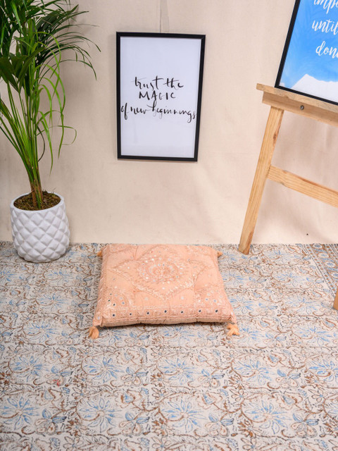 

Tistabene Peach-Coloured & White Embroidered Square Floor Cushion