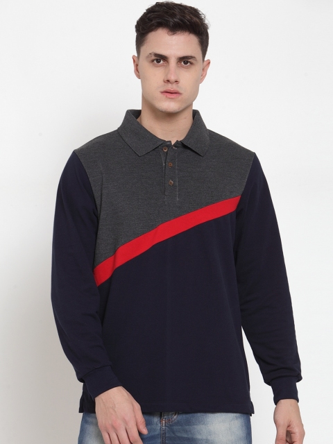 

Kalt Men Navy Blue & Grey Colourblocked Polo Collar T-shirt