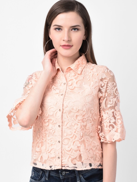 

Latin Quarters Women Peach-Coloured Lace Semi Sheer Shirt