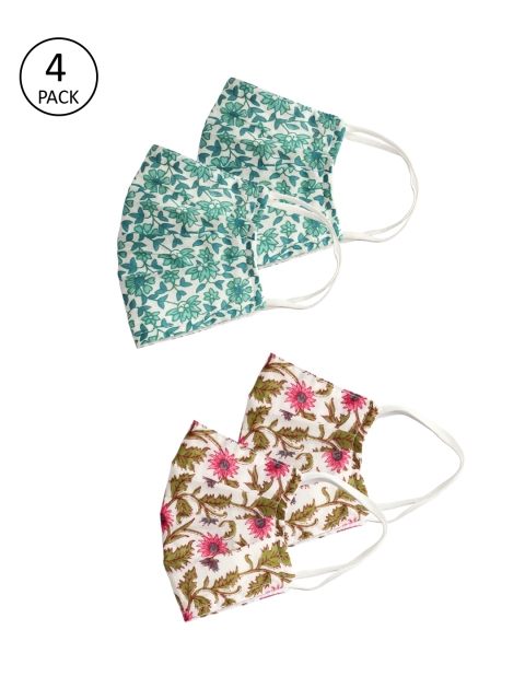 Bellofox Women Pack Of 4 Floral Printed 3-Ply Cloth Mask, Green