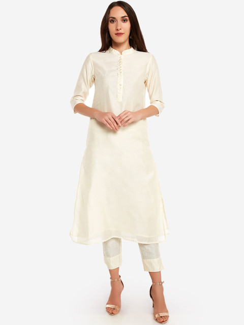 

Desi Weavess Women Off-White Solid Kurta with Trousers