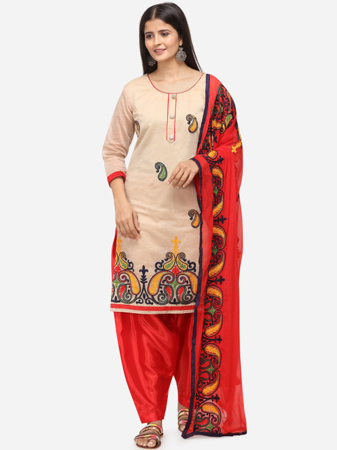 

DIVASTRI Beige & Red Silk Blend Unstitched Dress Material