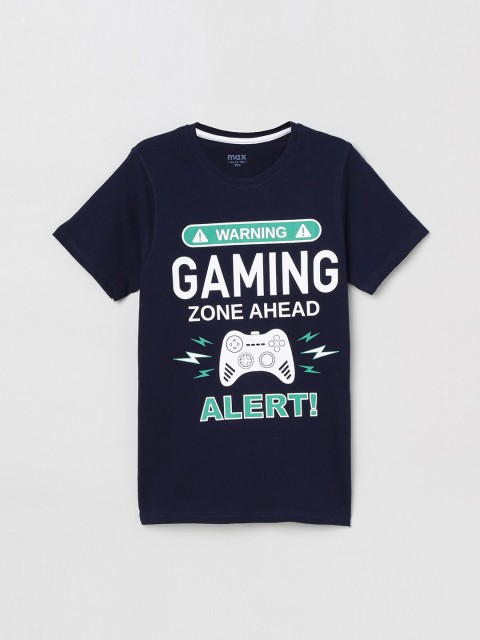 

max Boys Navy Blue & White Printed Round Neck T-shirt