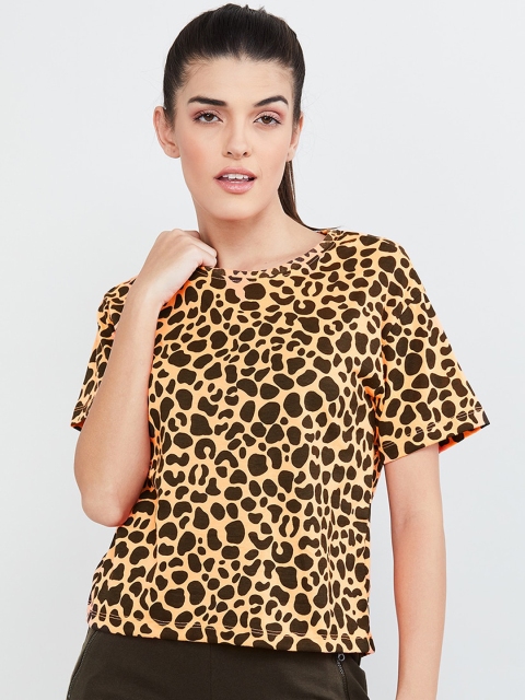 

max Women Orange & Black Animal Printed Round Neck T-shirt