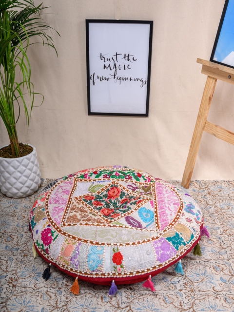 

Tistabene Beige & Red Embroidered Round Floor Cushion