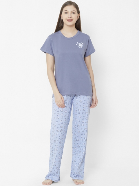 

Velvet by night Women Blue Floral Printed Night suit