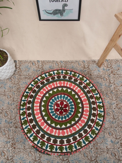 

Tistabene Beige & Green Mandala Embroidered Soft Round Floor Cushion