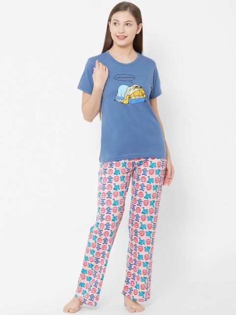 

Velvet by night Women Blue & Pink Garfield Printed Night suit