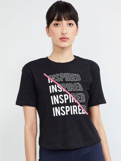 

max Women Charcoal Grey & Off-White Printed Round Neck T-shirt
