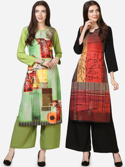 

Silk Bazar Women Pack Of 2 Printed Kurtas with Palazzos, Green