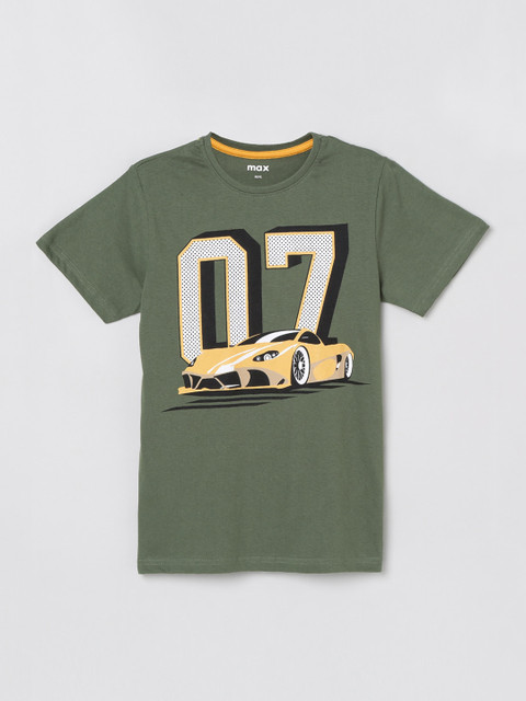 

max Boys Olive Green Printed Round Neck T-shirt