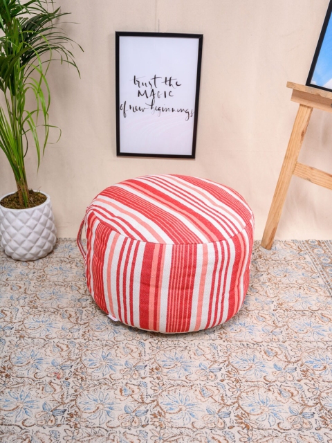 

Tistabene Cream-Coloured & Red Stripes Handloom Round Pouf