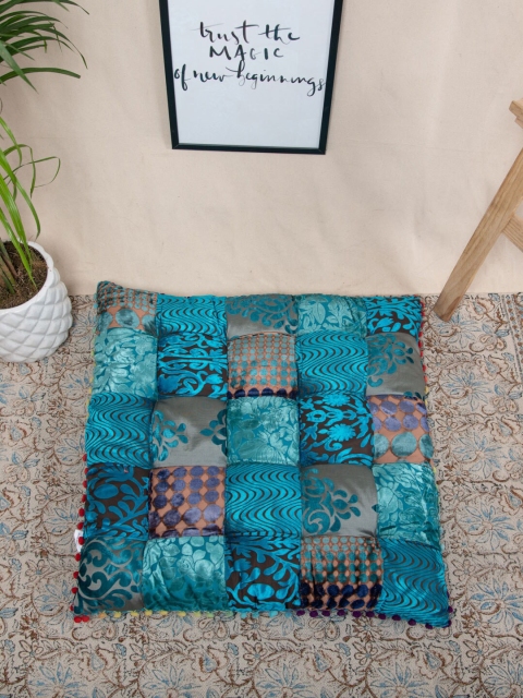 

Tistabene Blue & Brown Burnout Velvet Patch Printed Square Gaddi Floor Cushion