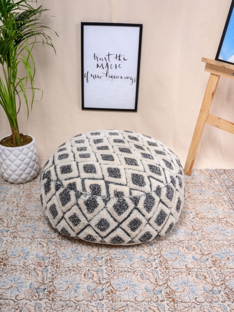 

Tistabene Off-White & Grey Tufted Round Pouf Floor Cushion