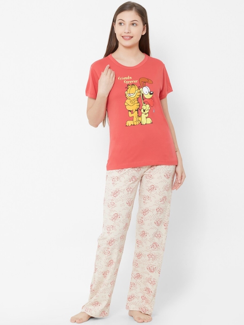 

Velvet by night Women Coral Pink & Off-White Garfield Printed Night suit