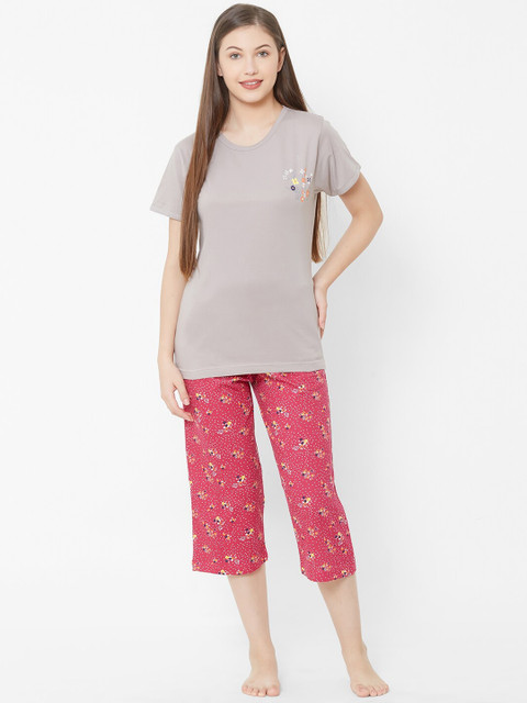 

Velvet by night Women Grey & Pink Solid Night suit