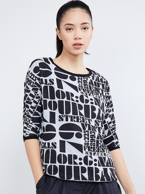 

max Women Grey & Black Printed Round Neck T-shirt