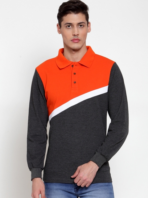

Kalt Men Black & Orange Colourblocked Polo Collar T-shirt, Grey