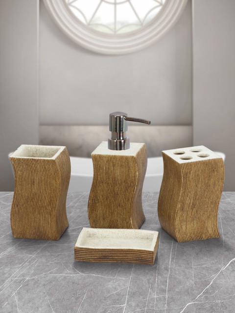 

OBSESSIONS Brown & Beige Textured Alvina 4 Pcs Bathroom Accessories Set