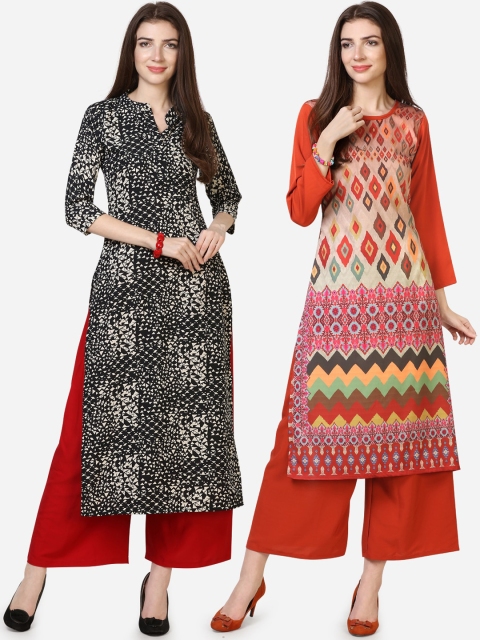 

Silk Bazar Women Pack Of 2 Printed Kurtas with Palazzos, Black