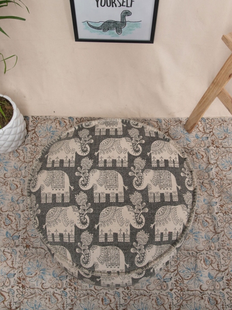 

Tistabene Grey & Off-White Elephant Durry Printed Round Pouf
