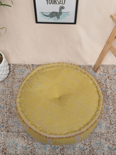 

Tistabene Yellow & Beige Embroided Round Pouf