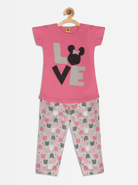 

Punkster Girls Pink & Grey Printed Night suit