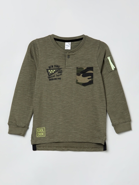 

max Boys Olive Green Printed Henley Neck T-shirt