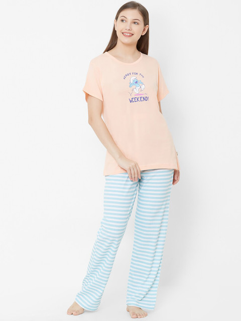 

Velvet by night Women Peach-Coloured & Blue Printed Night suit