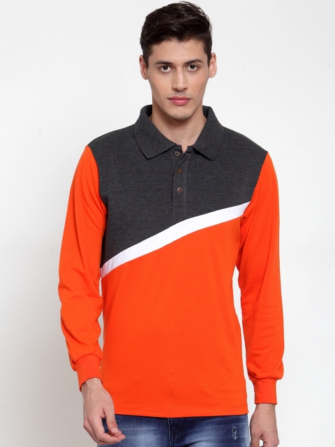 

Kalt Men Orange & Grey Colourblocked Polo Collar T-shirt