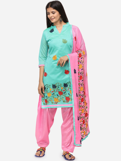 

DIVASTRI Sea Green & Pink Silk Blend Unstitched Dress Material