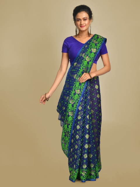 

Mitera Blue & Green Silk Cotton Woven Design Handloom Jamdani Saree