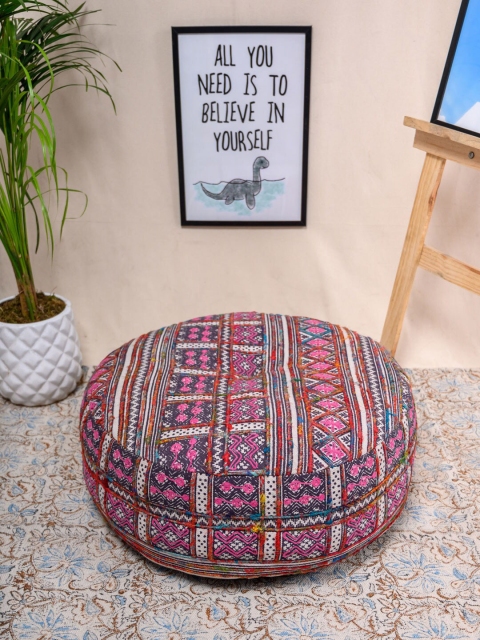 Tistabene Black & White Aubergine Shades Print Hand-loom Round Pouf