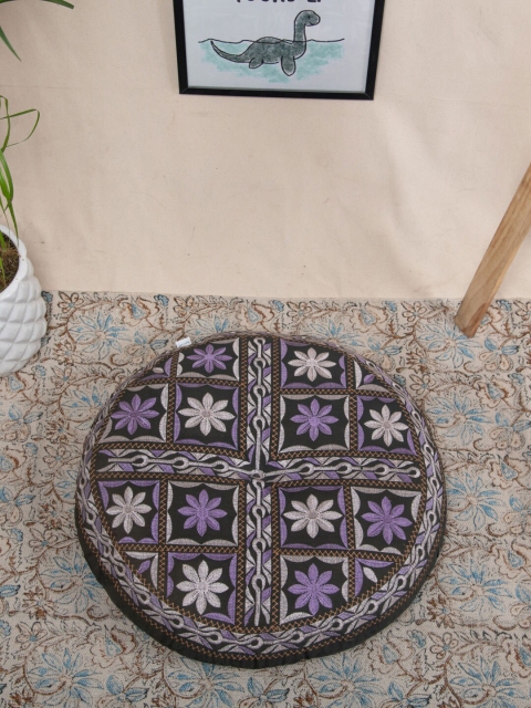 

Tistabene Black & Purple Embroidered Round Floor Cushion