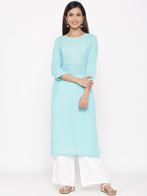 

Jaipur Kurti Women Blue & White Embroidered Kurta with Palazzos