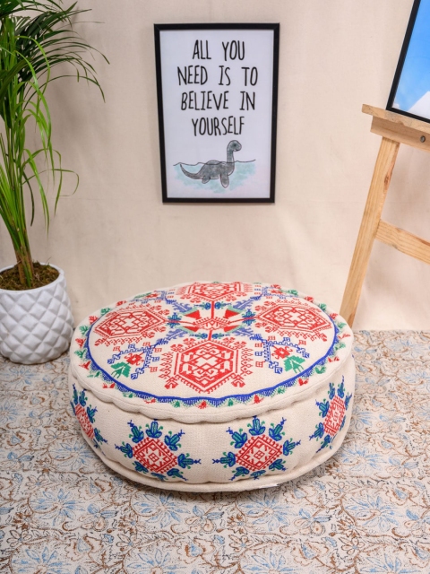 

Tistabene Beige & Red Embroidered Round Pouf