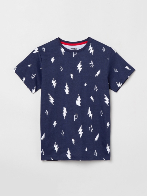 

max Boys Navy Blue & White Printed Round Neck T-shirt