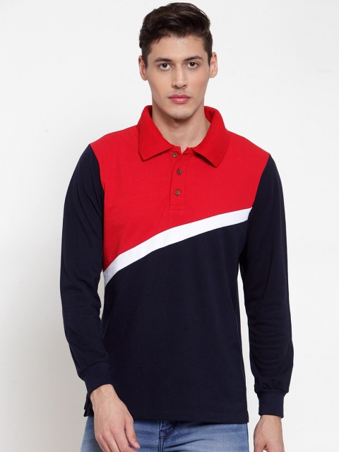 

Kalt Men Navy Blue & Red Colourblocked Polo Collar T-shirt
