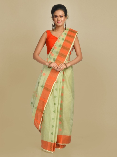

Mitera Green & Orange Pure Cotton Handloom Woven Design Taant Saree