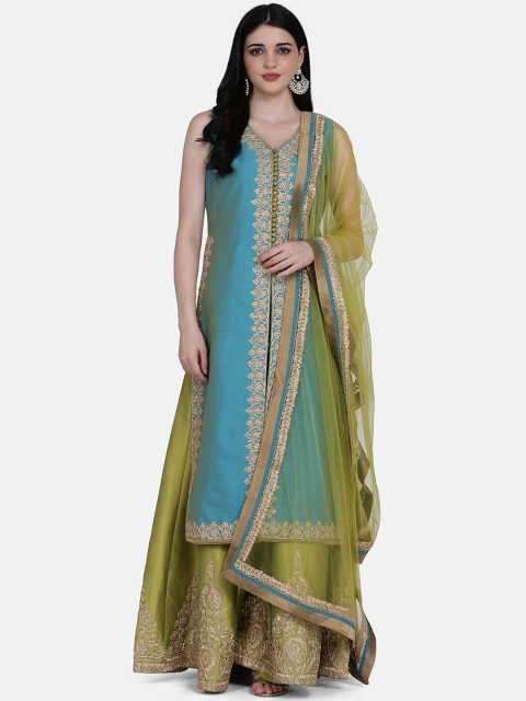 

BOMBAY SELECTIONS Women Turquoise Blue & Olive Green Yoke Design Kurta with Sharara & Dupatta