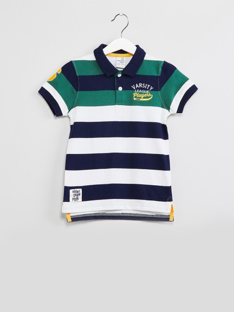 

max Boys Navy Blue & White Striped Polo Collar T-shirt