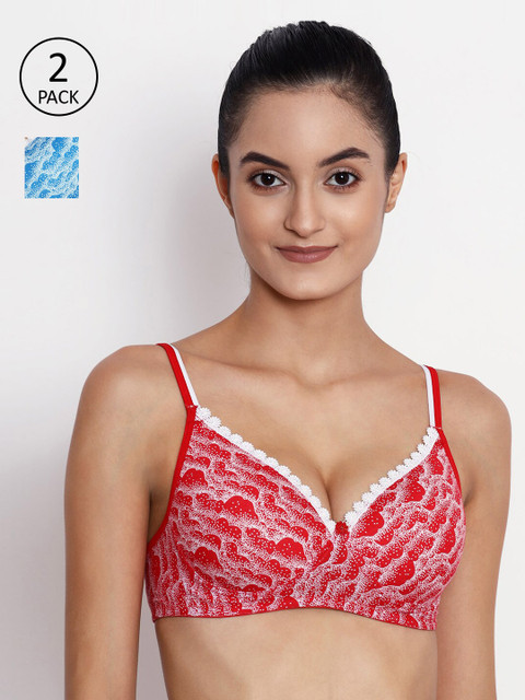 

ABELINO Pack of 2 Printed Non-Wired Lightly Padded Everyday Bras, Red