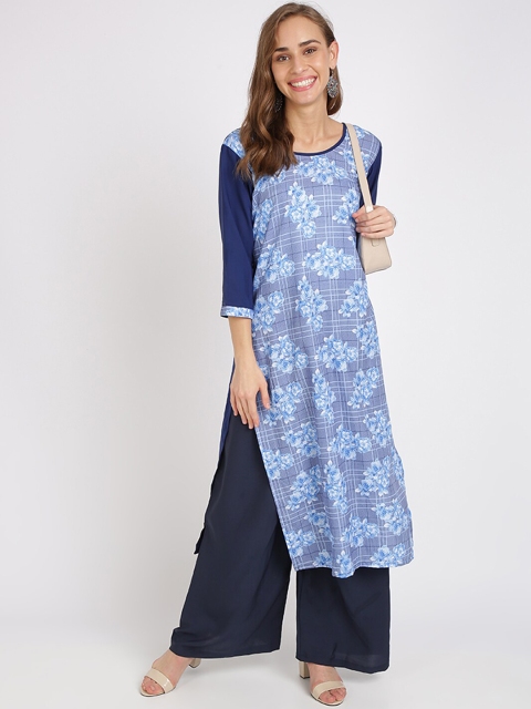 Silk Bazar Women Blue Floral Printed Kurta with Palazzos