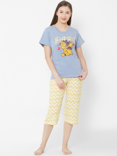 

Velvet by night Women Blue & Yellow Printed Night Suit
