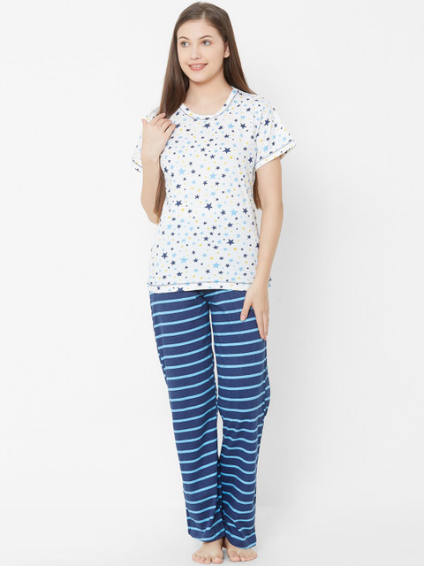 

Velvet by night Women Off-White & Blue Printed Night suit