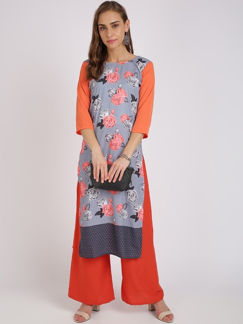 

Silk Bazar Women Grey & Orange Floral Printed Kurta with Palazzos