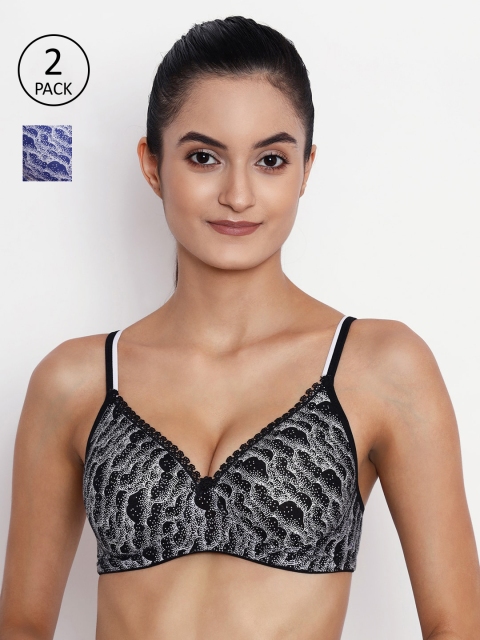 ABELINO Pack of 2 Printed Non-Wired Lightly Padded T-shirt Bras, Black