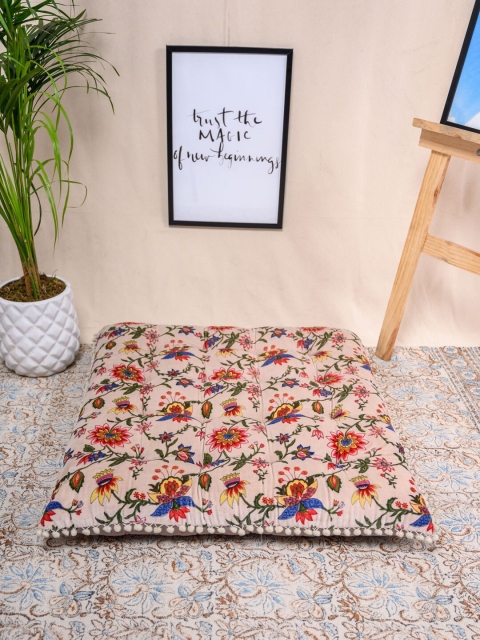 

Tistabene Beige & Red Floral Printed Velvet Square Gaddi